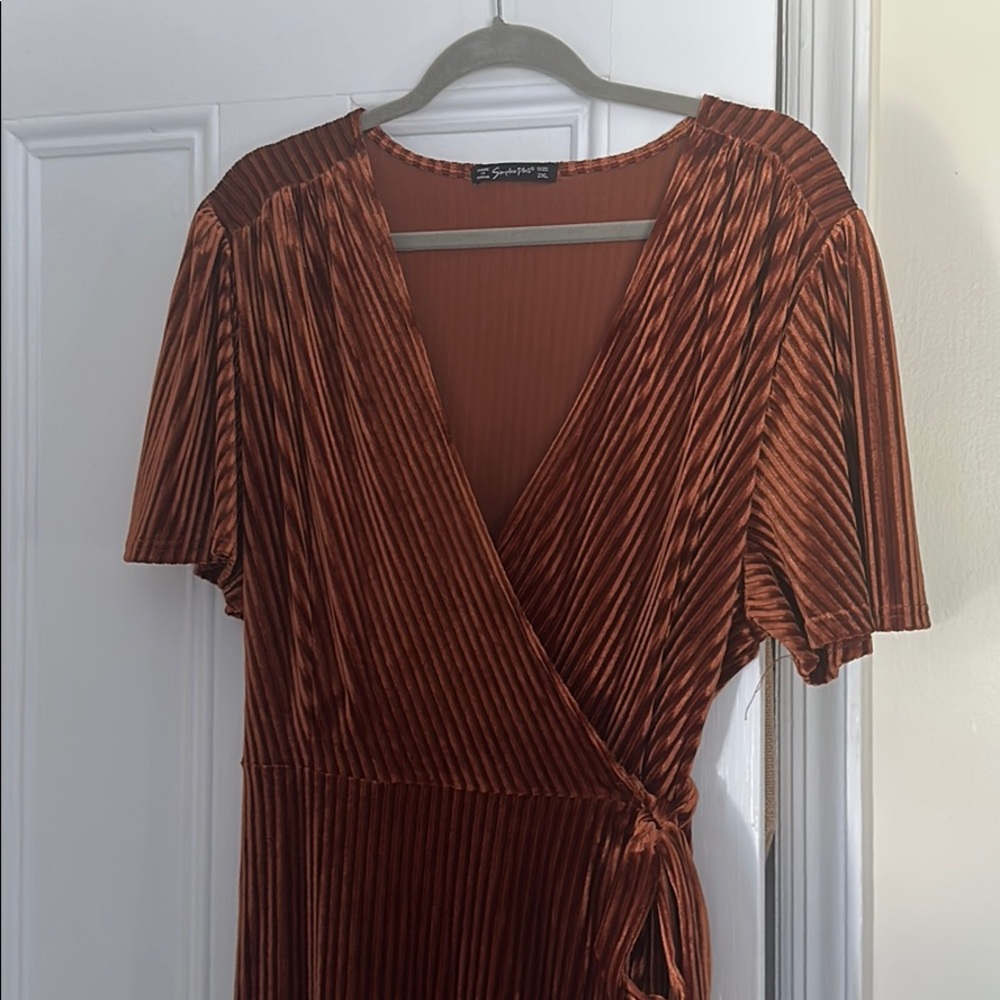 Burnt orange velvet wrap dress